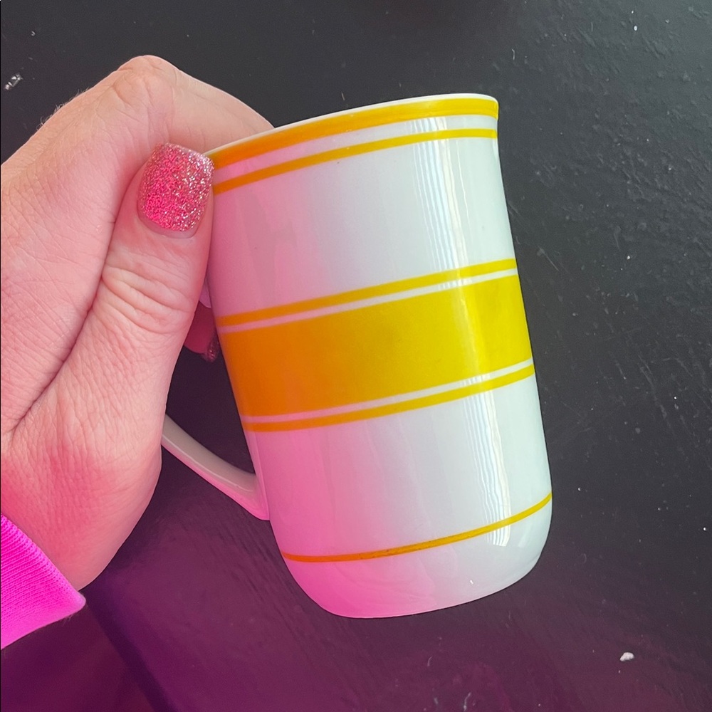 Yellow Striped Ceramic Mug and orange ceramic mug and green!